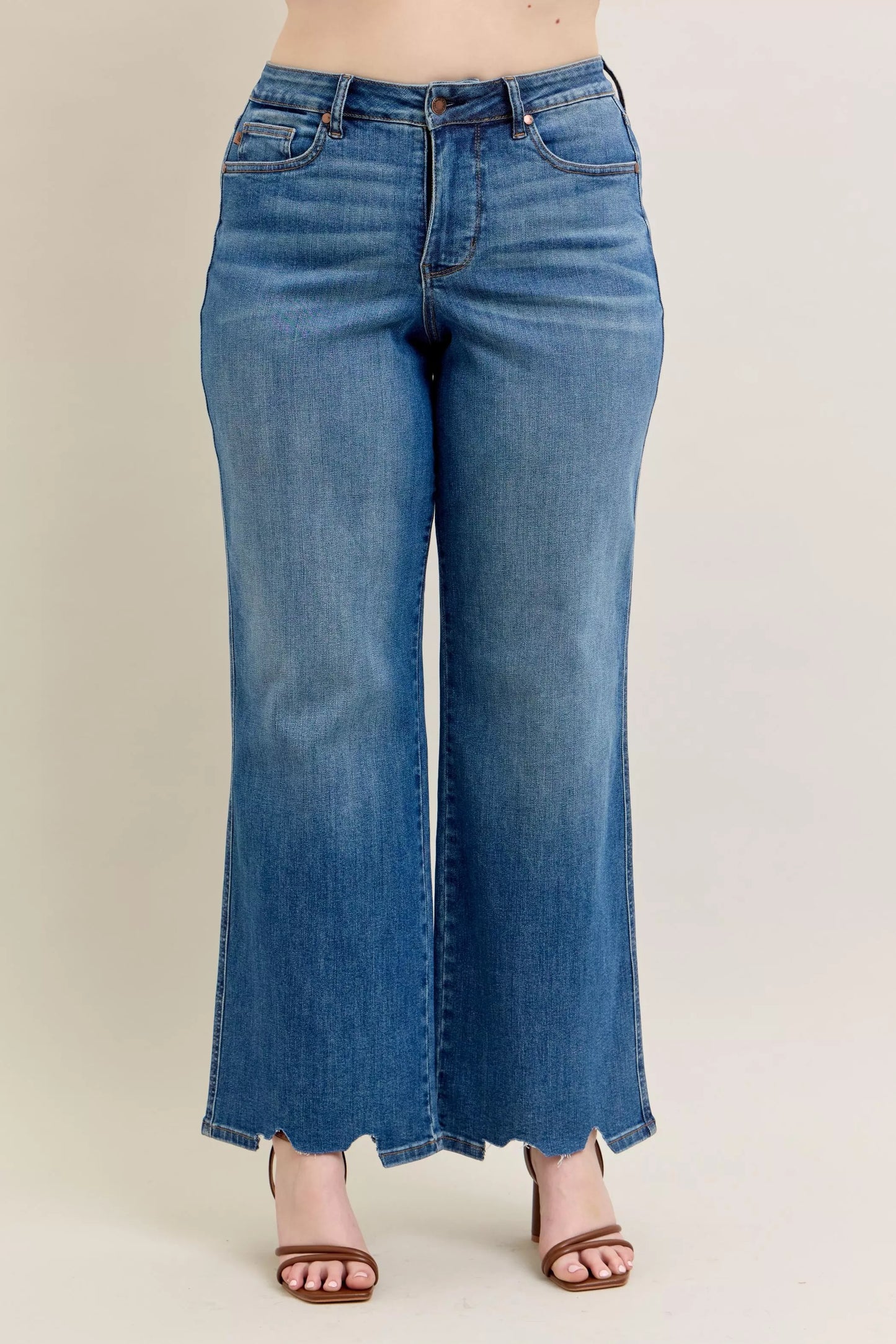 High Waist Tummy Control Chew Hem Destroy Wide Jeans plus