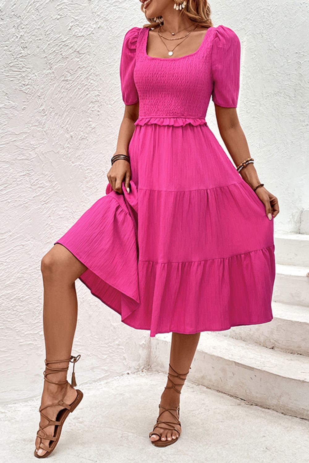Indra Hot Pink Bohemian Square Neck Puff Sleeve Cutout Dress