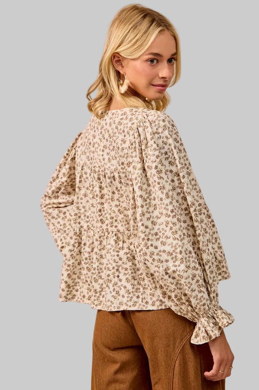 Ivy Western Boho Floral Printed Peplum Blouse with Shirring and Tied