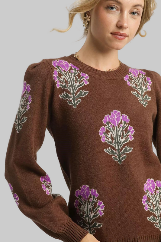 Jennifer Boho Flower Stem Jacquard Sweater