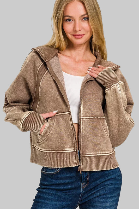 Julie Acid Wash Zip Up Fleece Jacket - Mocha