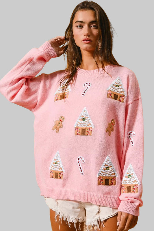 Katie Boho Christmas Gingerbread Patches Sweater