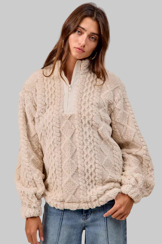 Krissy Boho Patterned Soft Fleece Half Zip Sweater