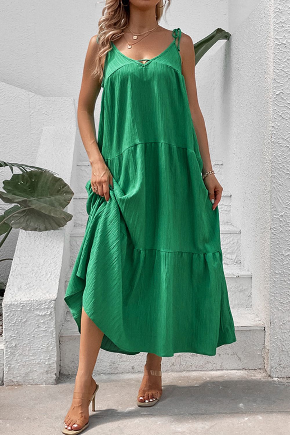 Lidia Bohemian Tie-Shoulder Tiered Maxi Dress