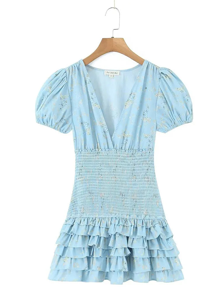 Love Sweet Bohemian V-neck Smocked Waist Puff Sleeve Mini Dress