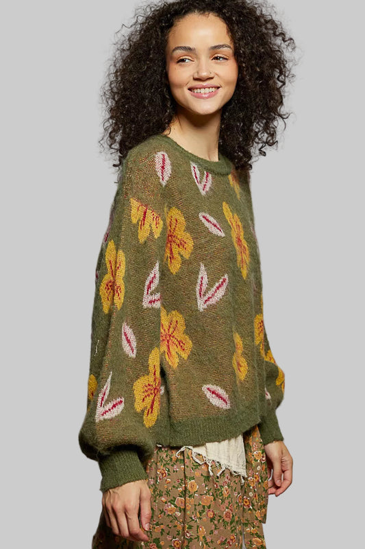 Mary Boho Floral Balloon Sleeve Sweater