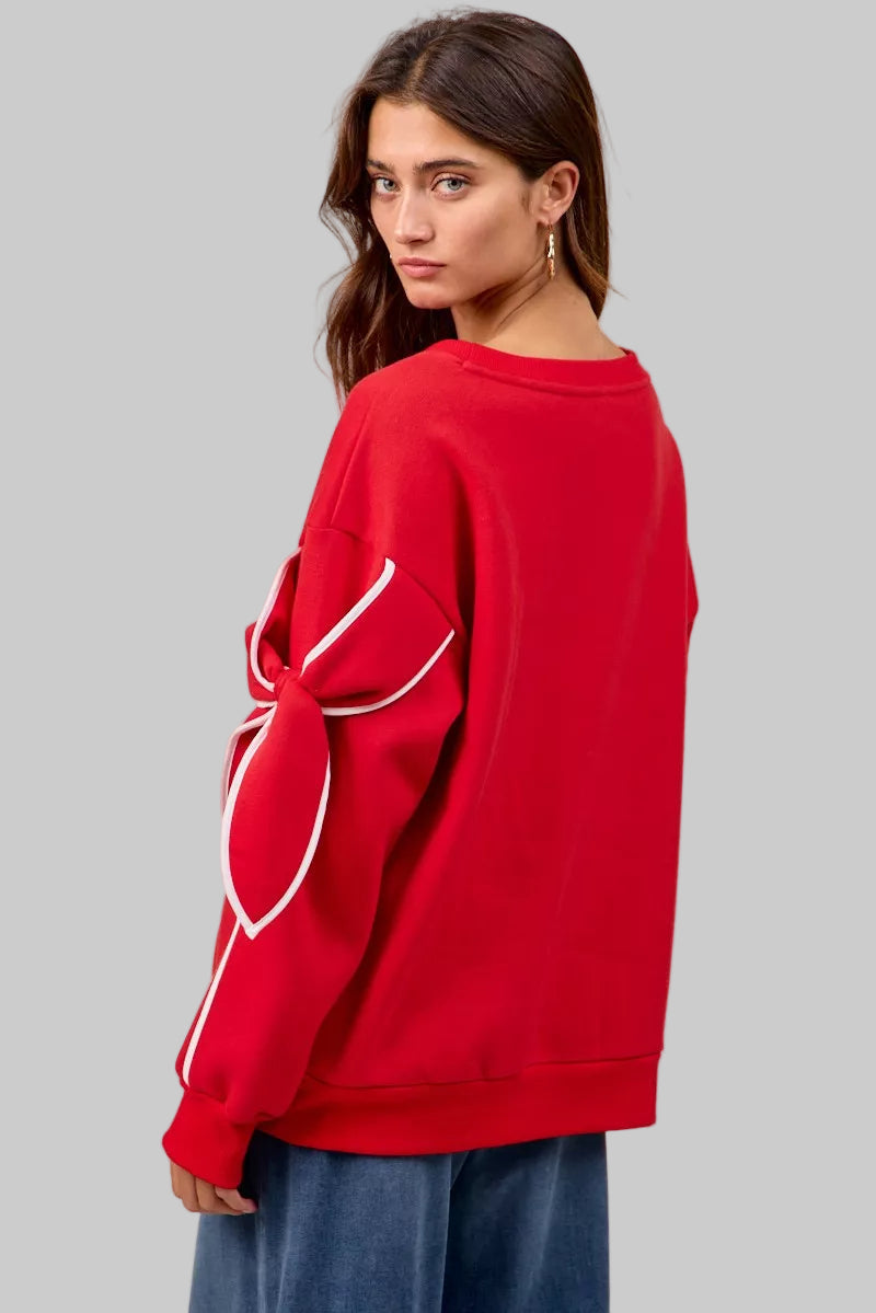 Maya Holiday Bow Sleeves Fleece Sweatshirt