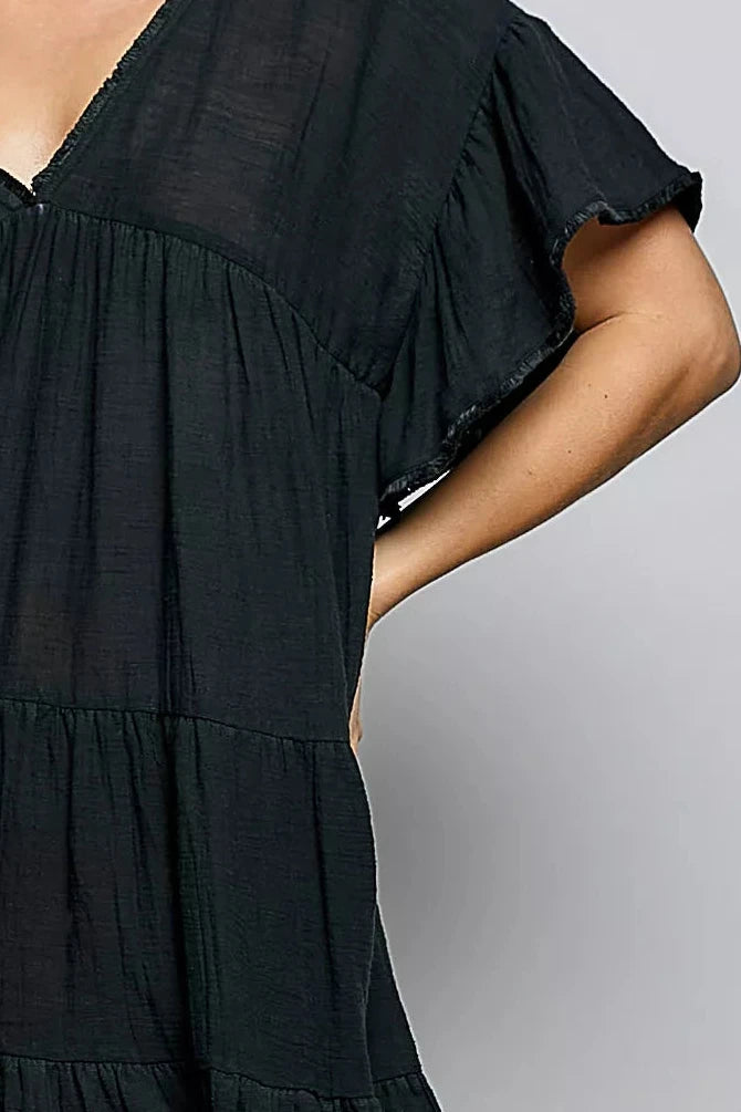 Myla Shirred Ruffle V-Neck Dress