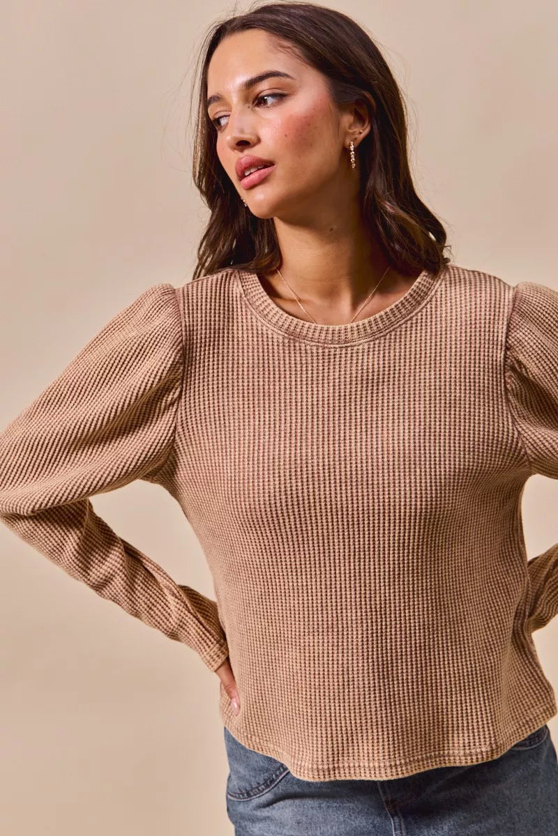 Neutral Boho Mineral Washed Waffle Top With Puff Sleeves