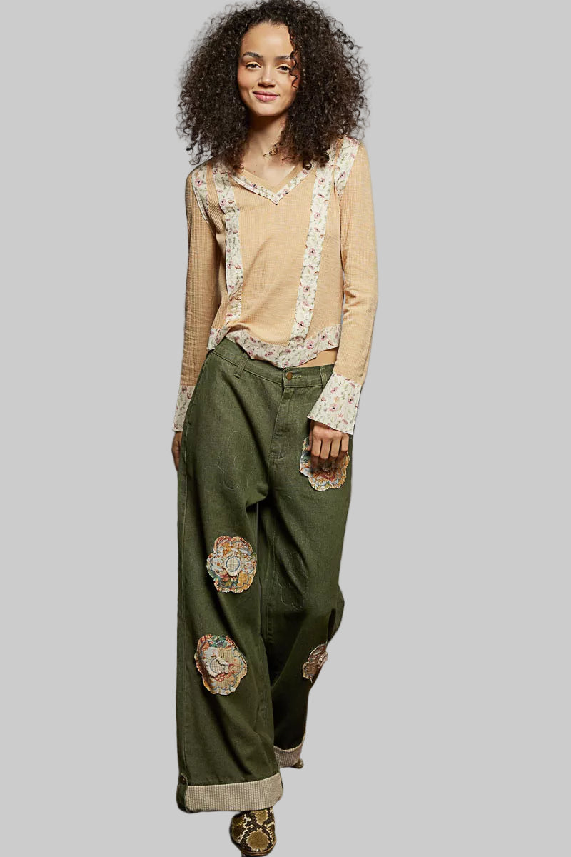 Nora Boho Floral Patch V-Neck Long Sleeve Ribbed Top