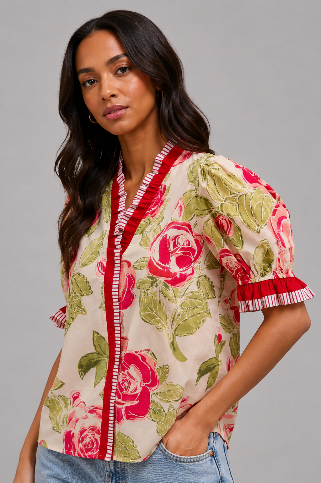 Olive Floral Printed Ruffled Blouse