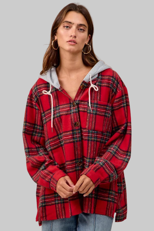 Olivia Red Plaid Hooded Shirt Jacket