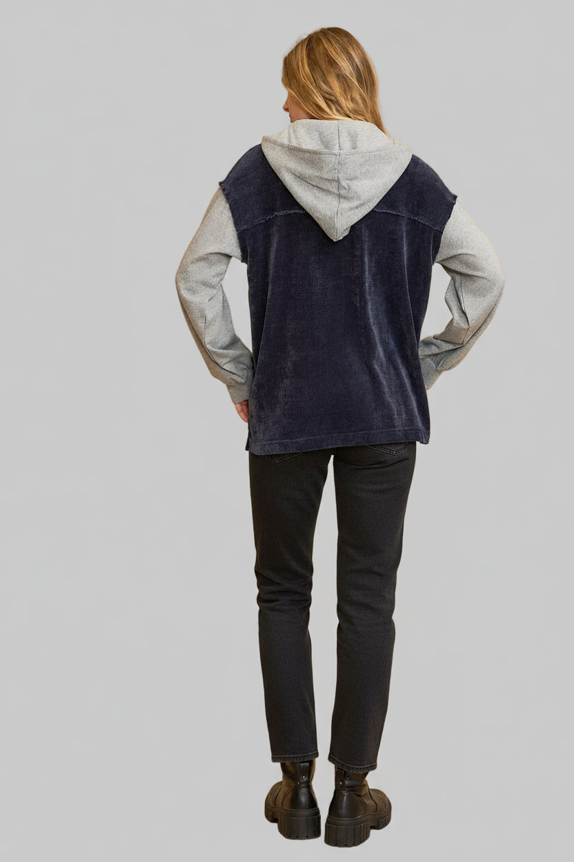 Pam Navy Color block Hooded Chenille Jacket