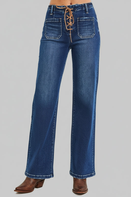 Penelope Boho Western High Rise Front Tie Wide Leg Jeans