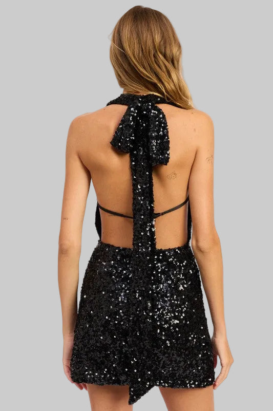 Sage Sequin Halter Scarf Mini Dress