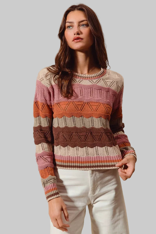 Sara Boho Multi Color Wavy Stripe Sweater Top