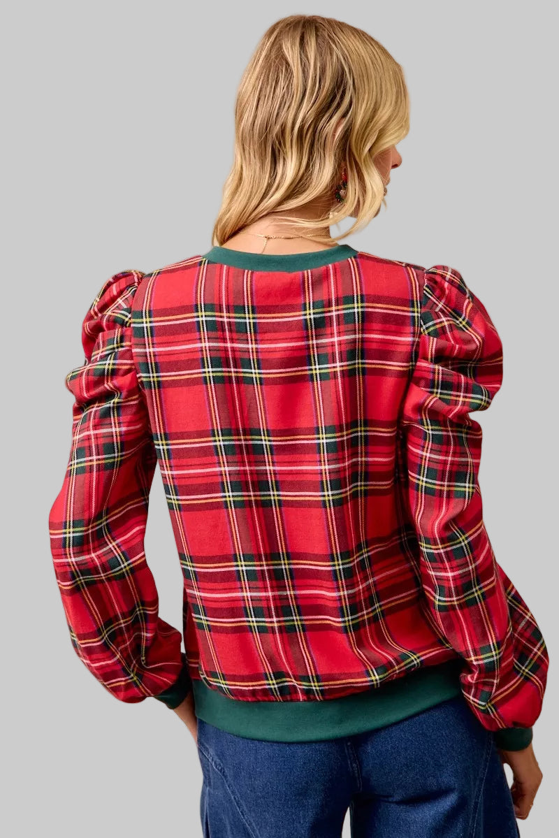 Shelby Boho Red Christmas Plaid Puff Shoulder Top