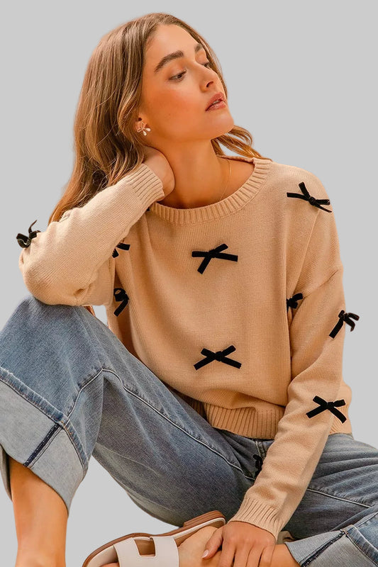Stephanie Boho Ribbon Bow Applique Sweater
