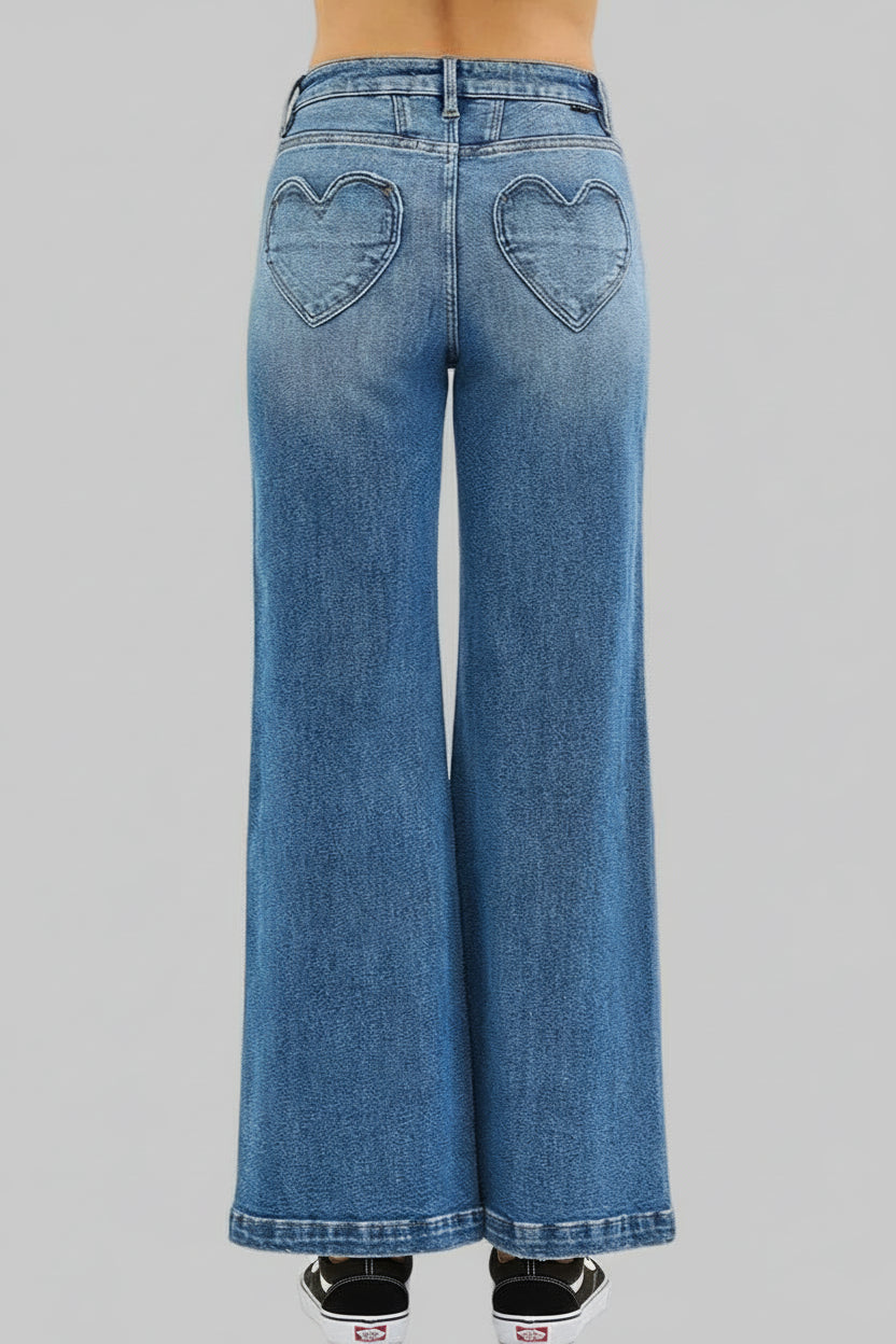 Tabatha Western High Rise Wide Leg Jenas with Front Yoke and Heart Back Pocket