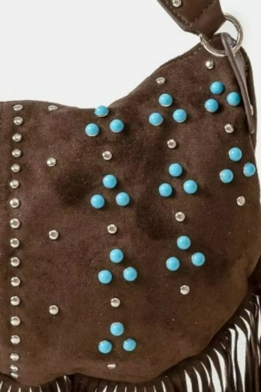 Trinity Studded Pattern Multi Fringe Hobo Shoulder Bag Brown