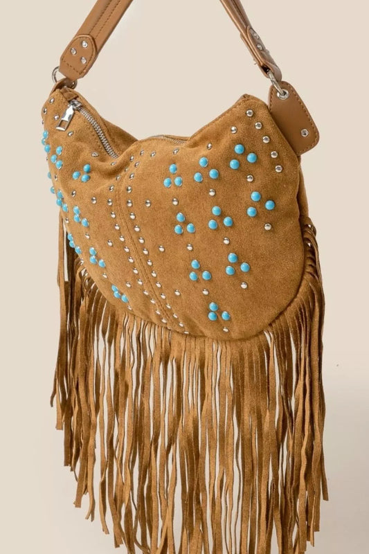 Trinity Studded Pattern Multi Fringe Hobo Shoulder Bag Camel