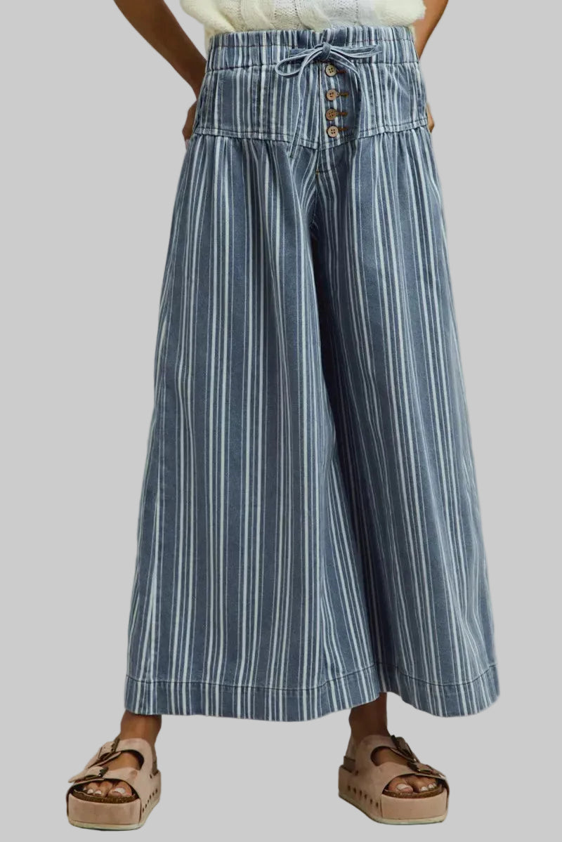 Vera Striped Denim Wash Pleated Wide Leg Pants