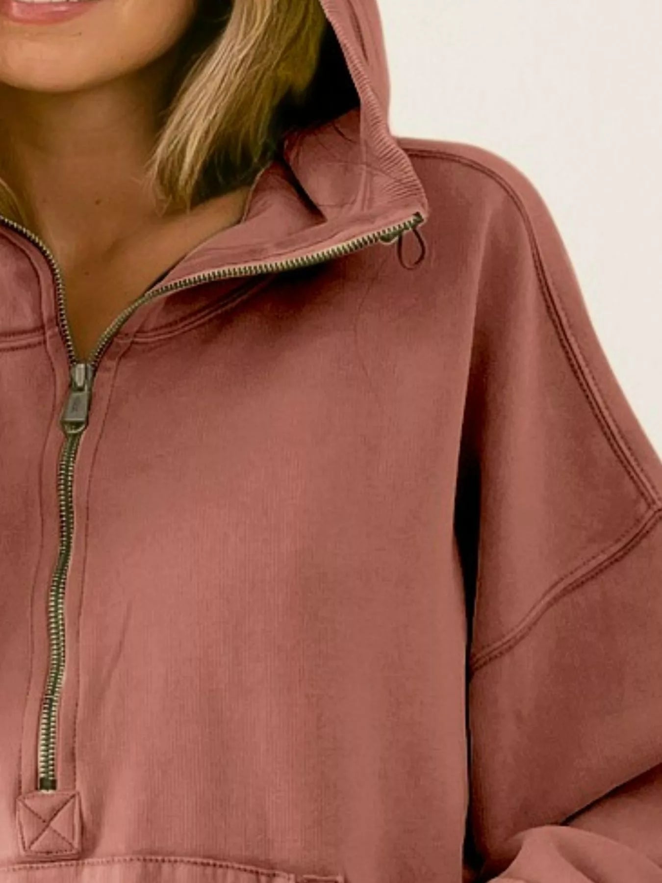 Veronica Boho Stitch Detailed Half Zip Fleece Hoodie