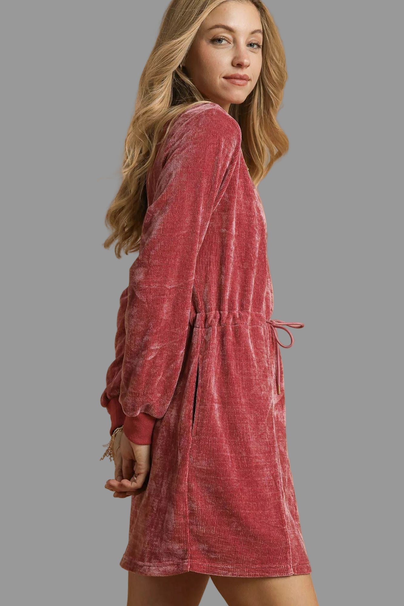 Western Boho Burgendy Velour Drawstring Mini Dress with Long Sleeves
