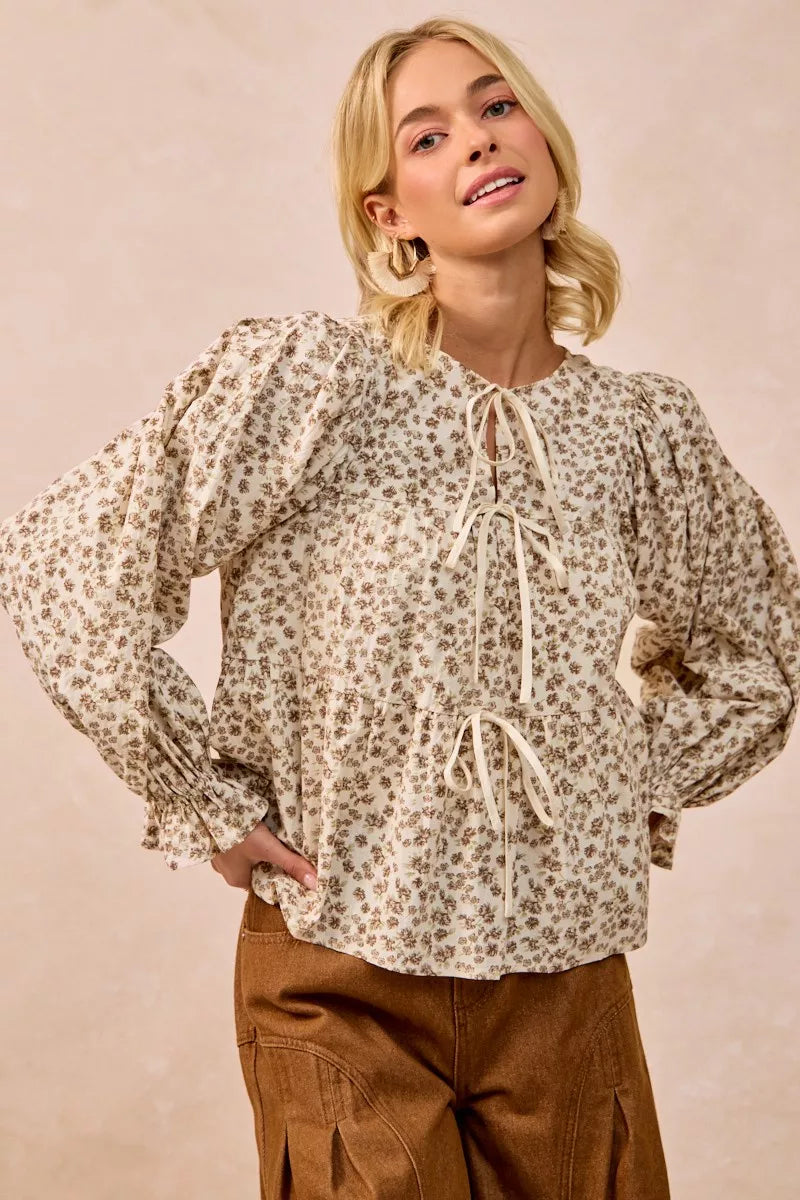 Western Boho Floral Printed Peplum Blouse with Shirring and Tied