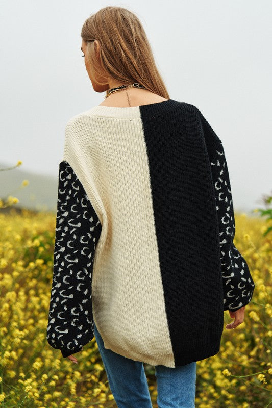 Bohemian Leopard Oversized Half and Half Pullover Sweater