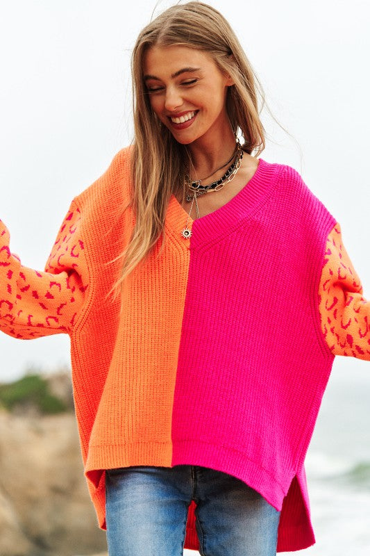 Bohemian Leopard Oversized Half and Half Pullover Sweater