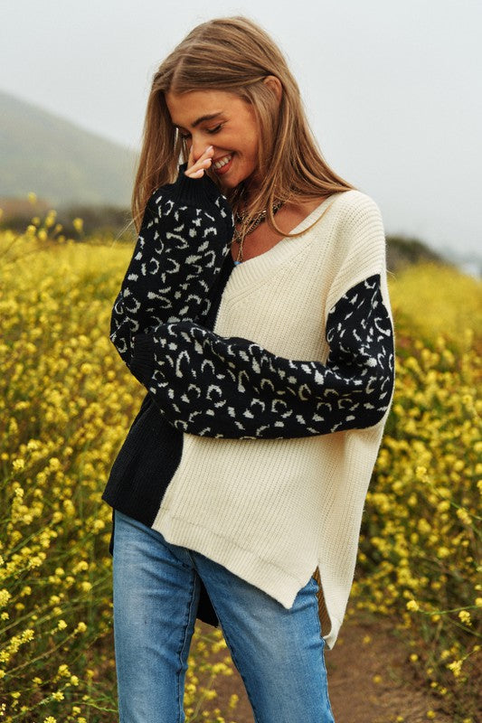 Bohemian Leopard Oversized Half and Half Pullover Sweater