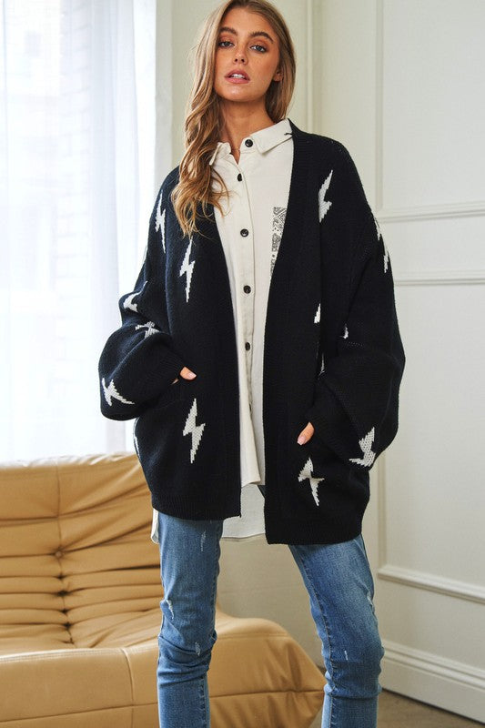 Bohemian Lightning Bolt Oversized Open Sweater Cardigan