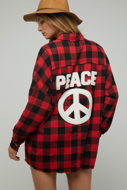Bohemian Plaid Embroidered Peace Patch Button Down Jacket