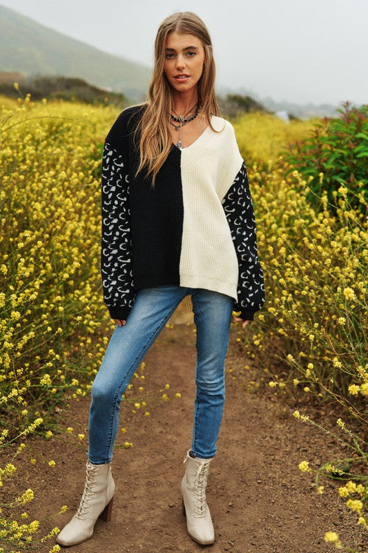 Bohemian Leopard Oversized Half and Half Pullover Sweater
