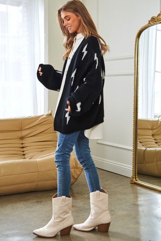 Bohemian Lightning Bolt Oversized Open Sweater Cardigan