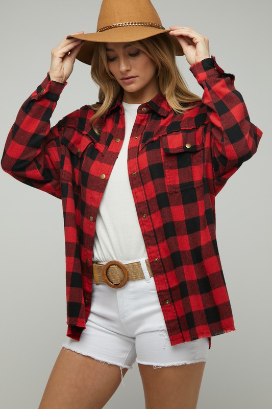 Bohemian Plaid Embroidered Peace Patch Button Down Jacket