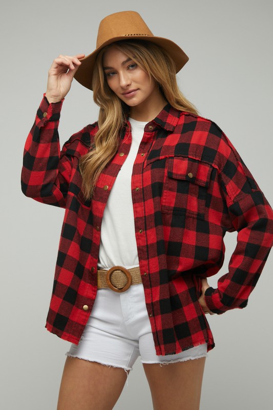 Bohemian Plaid Embroidered Peace Patch Button Down Jacket