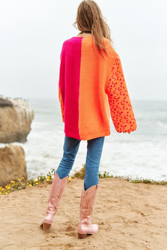 Bohemian Leopard Oversized Half and Half Pullover Sweater