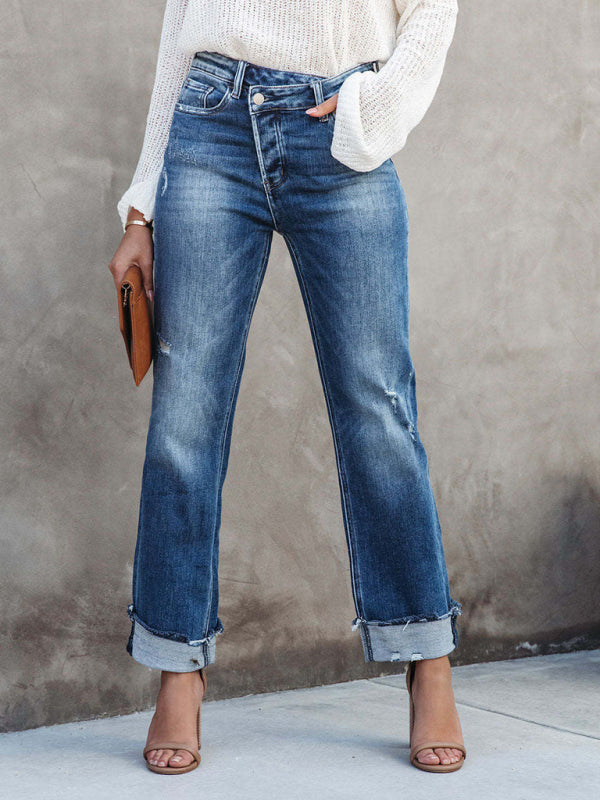 SALE Women's Denim Washed High Waist Crossover Waist Jeans