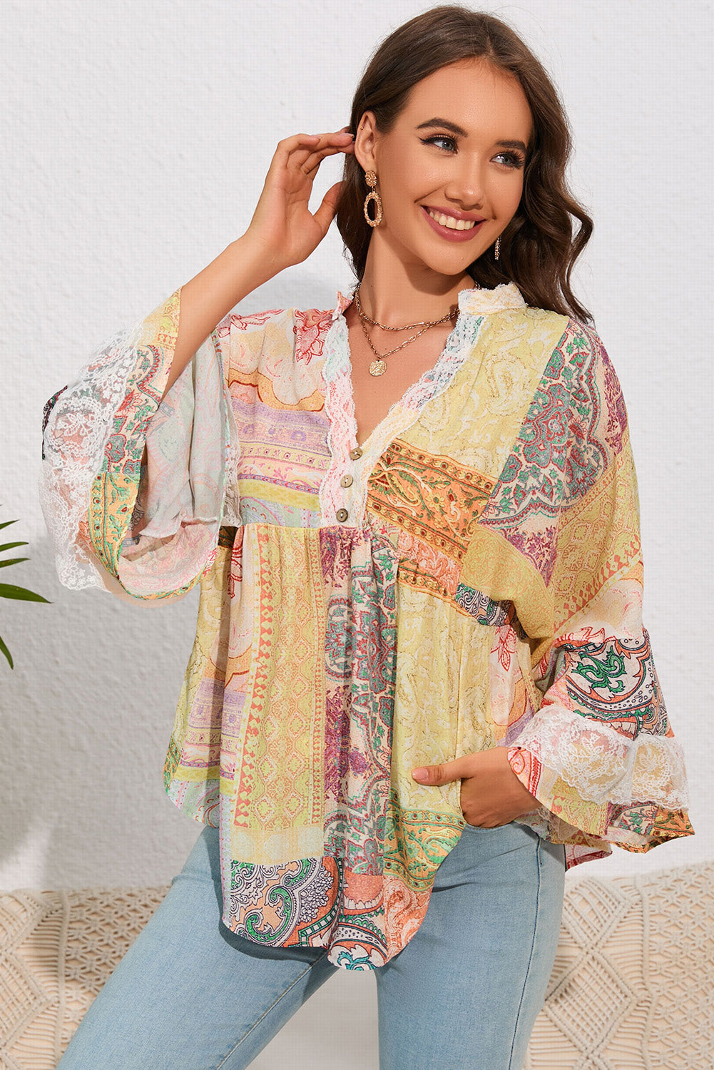 Boho Paisley Printed Colorblock Lace Trim Buttoned Blouse