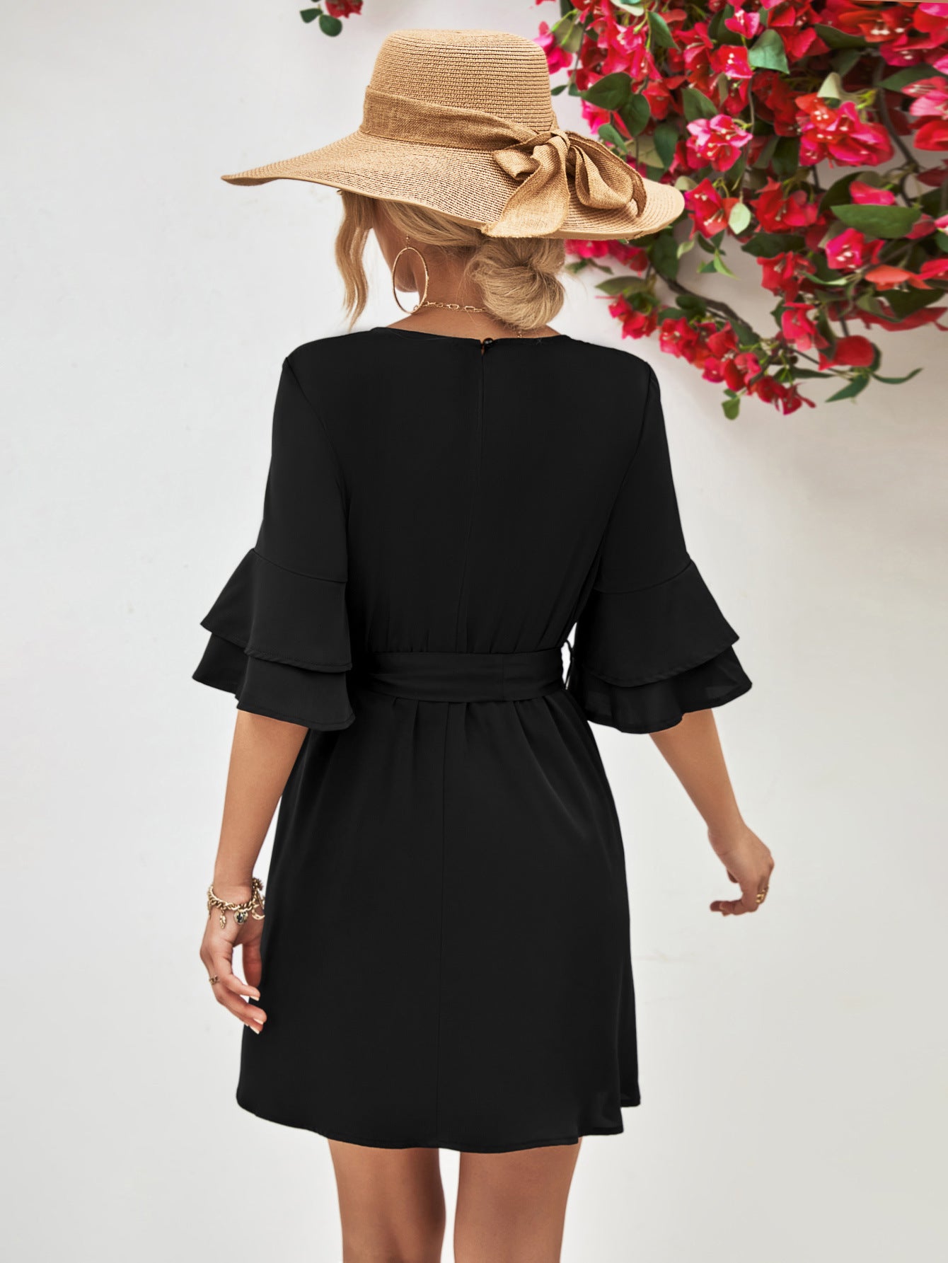 Charlie Round Neck Tie Belt Flounce Sleeve Dress