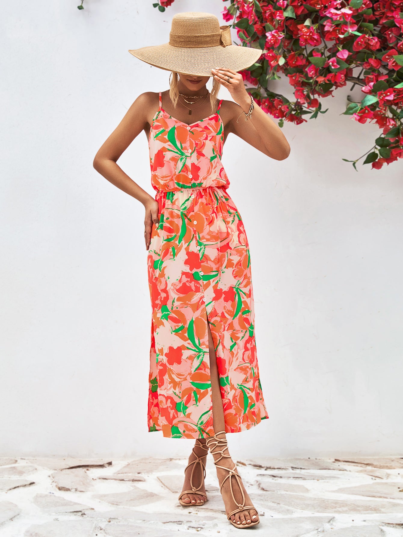 Gia Floral Printed Spaghetti Strap Front Slit Midi Dress