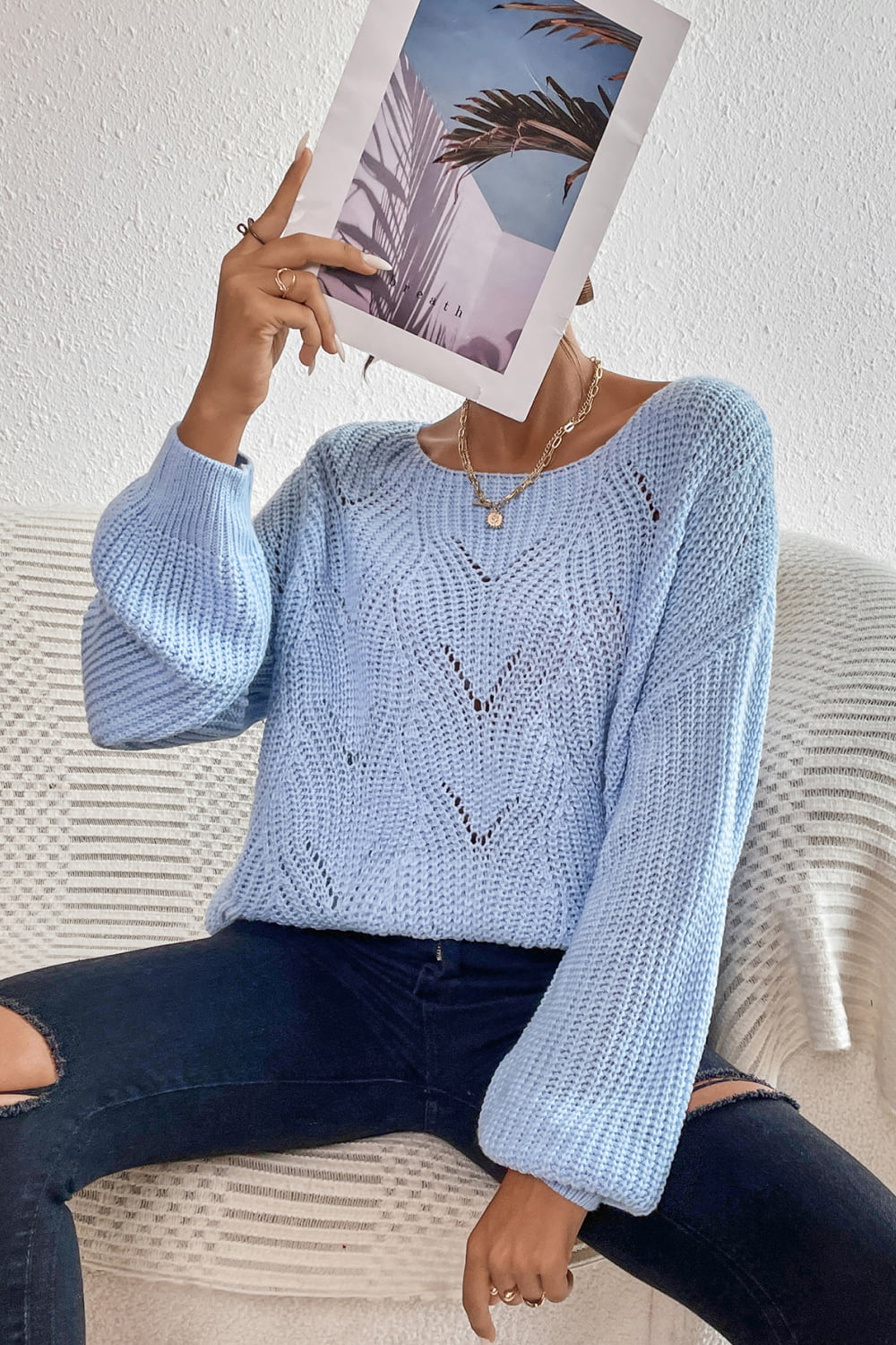 Boho Baby Blue Openwork Boat Neck Dropped Shoulder Sweater