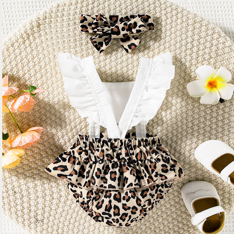 Little Girls Baby Bohemian Leopard Print Cutout Square Neck Romper