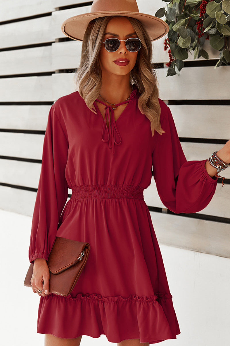 Camilla Tie Neck Smocked Waist Ruffle Hem Dress