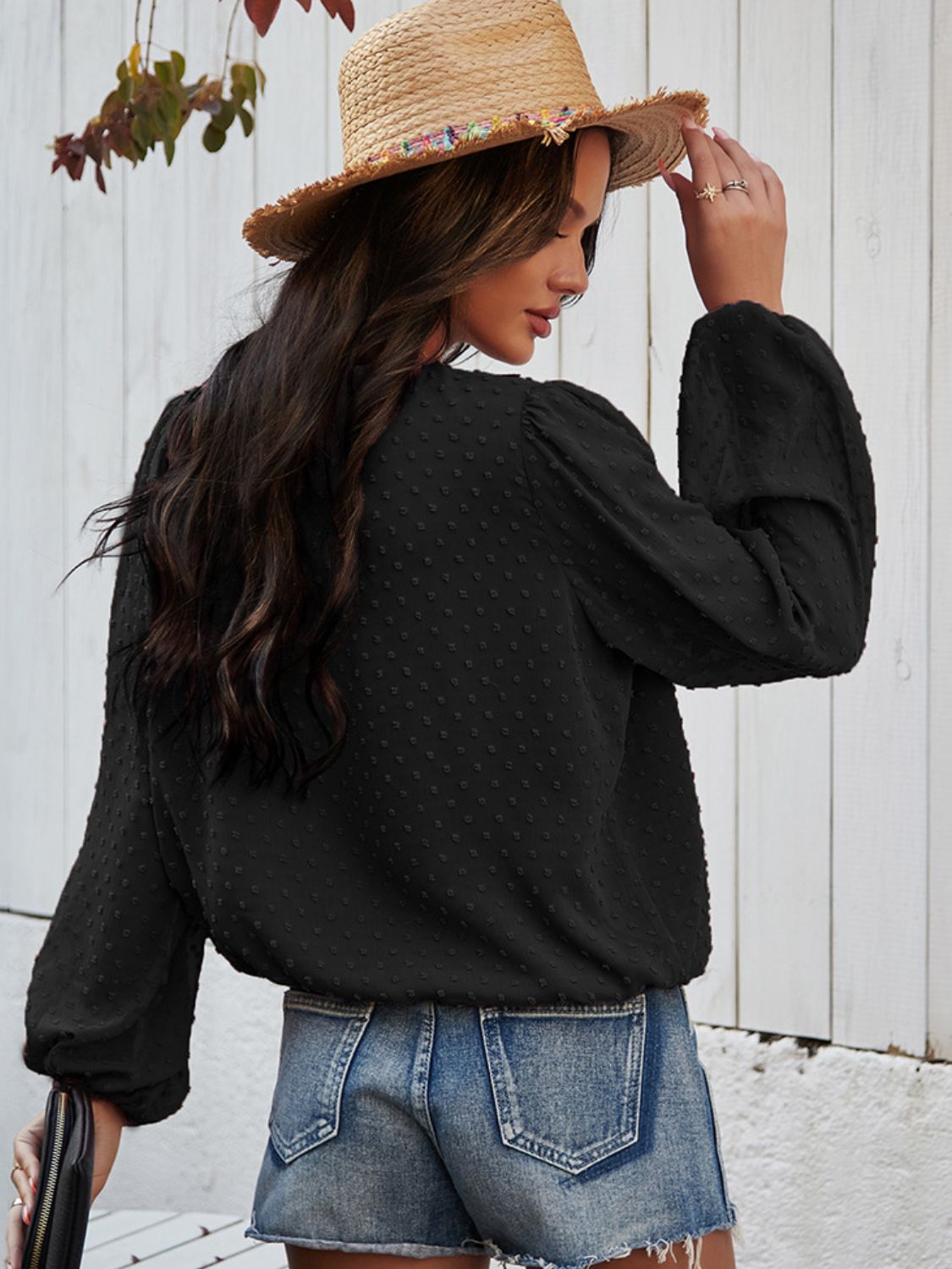 Black Boho Swiss Dot Balloon Sleeve Top