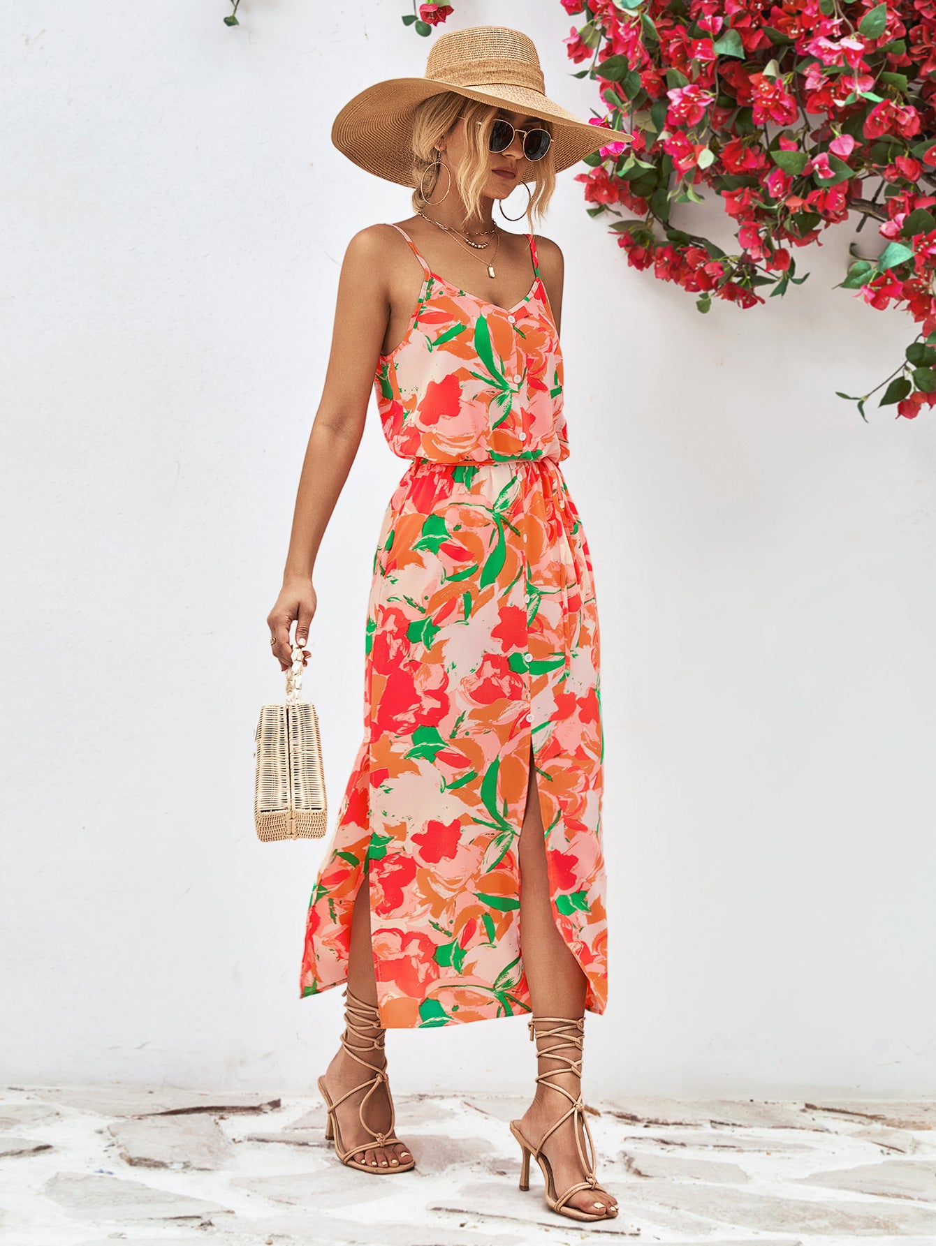 Gia Floral Printed Spaghetti Strap Front Slit Midi Dress