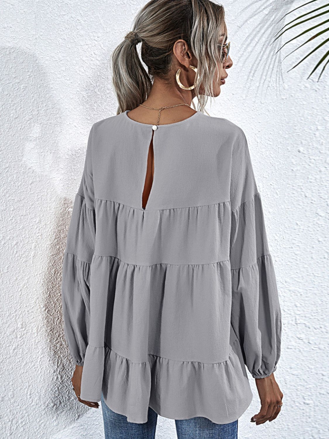 Bohemian Round Neck Dropped Shoulder Tiered Blouse