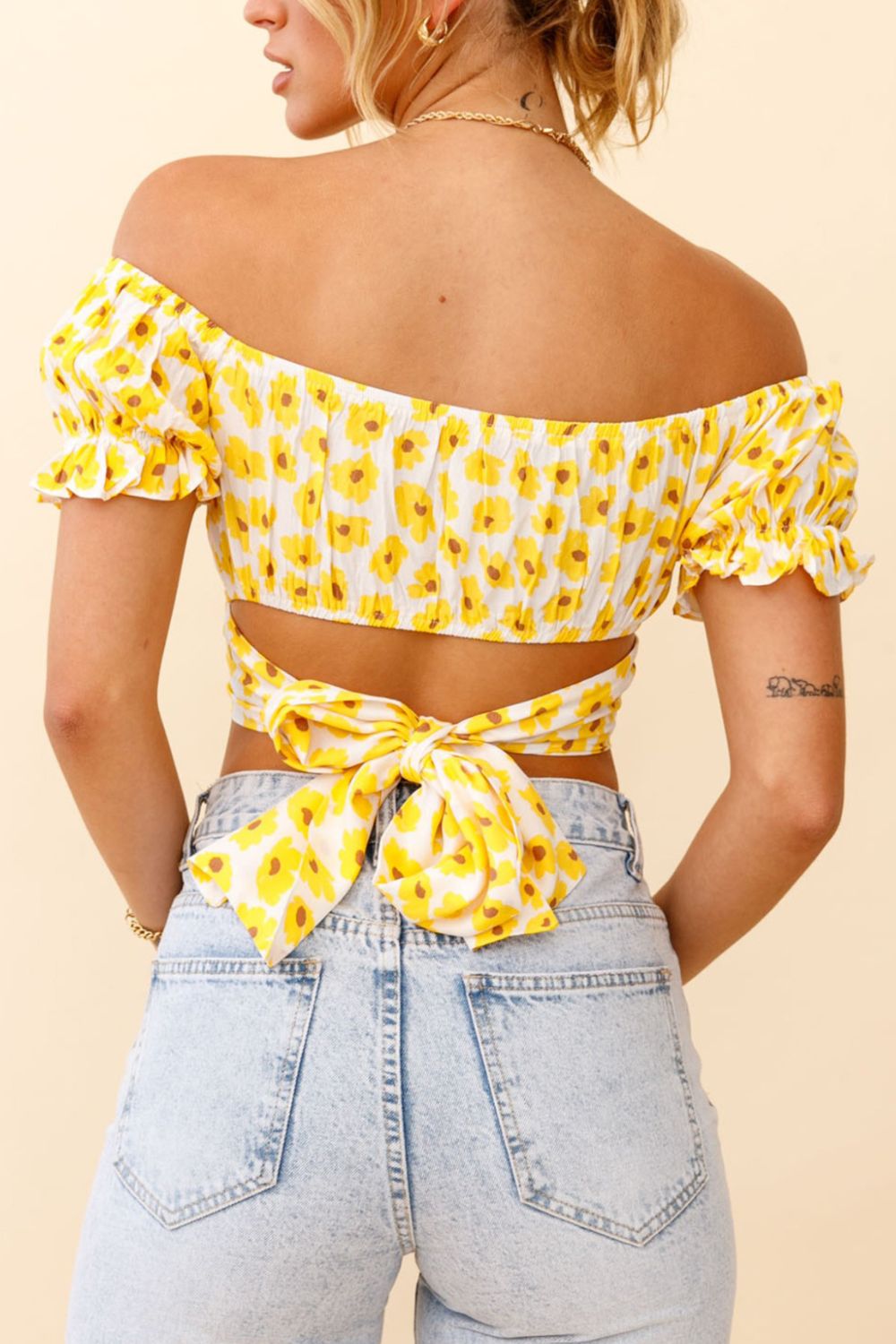 Boho Flower Print Ruffle Trim Off-Shoulder Back Tie Blouse